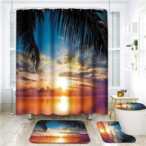 4 Pcs Shower Curtain Set Sunset Palms Sunrise Seashore Coconut Summer Beach Sand